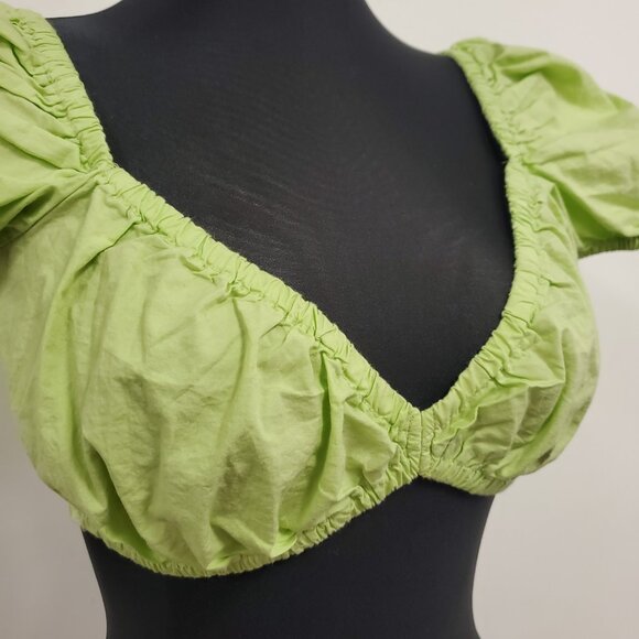 Stradivarius Womens Milkmaid Coquette Puff Sleeve Crop Top Size M Green Smocked - Picture 2 of 10